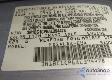 2010 Nissan Versa 1.8S из США, поврежденный, VIN 3N1BC1CP6AL394478